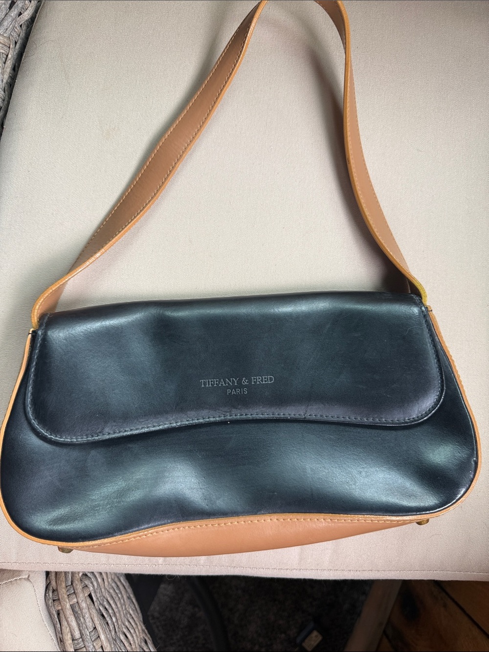 Tiffany & Fred Paris Black w Tan Leather handle and bottom Shoulder Bag